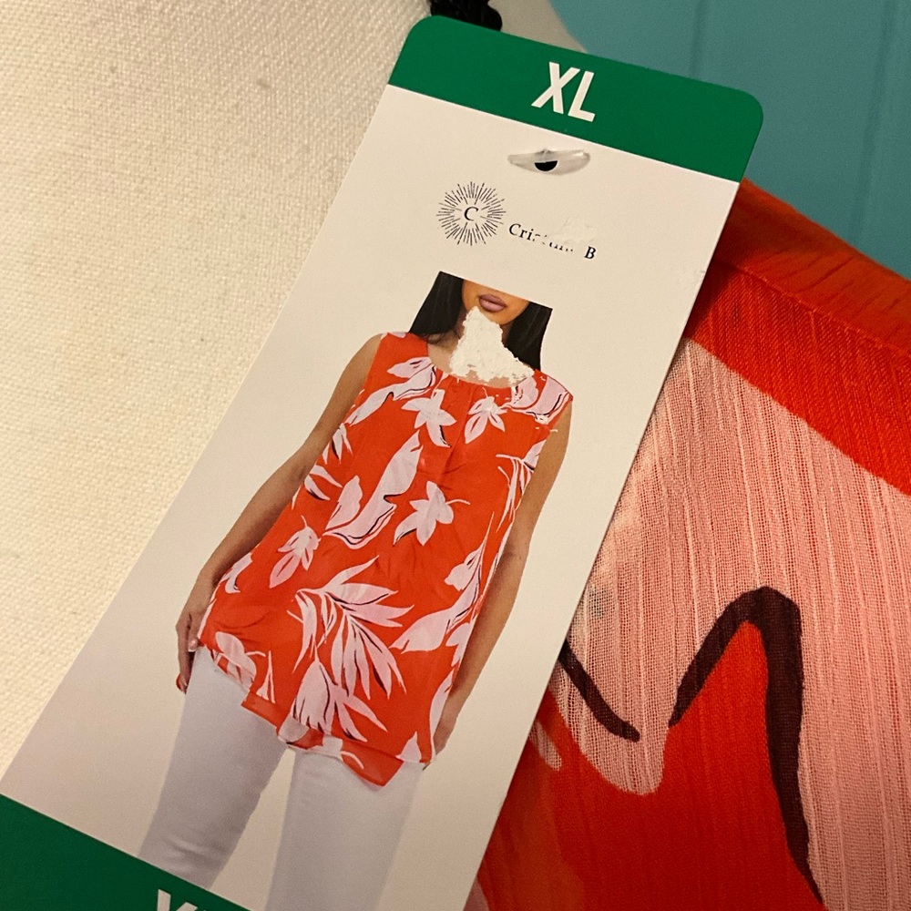 🌷Cristina B Orange and White Print Sleeveless Top SZ XL NWT